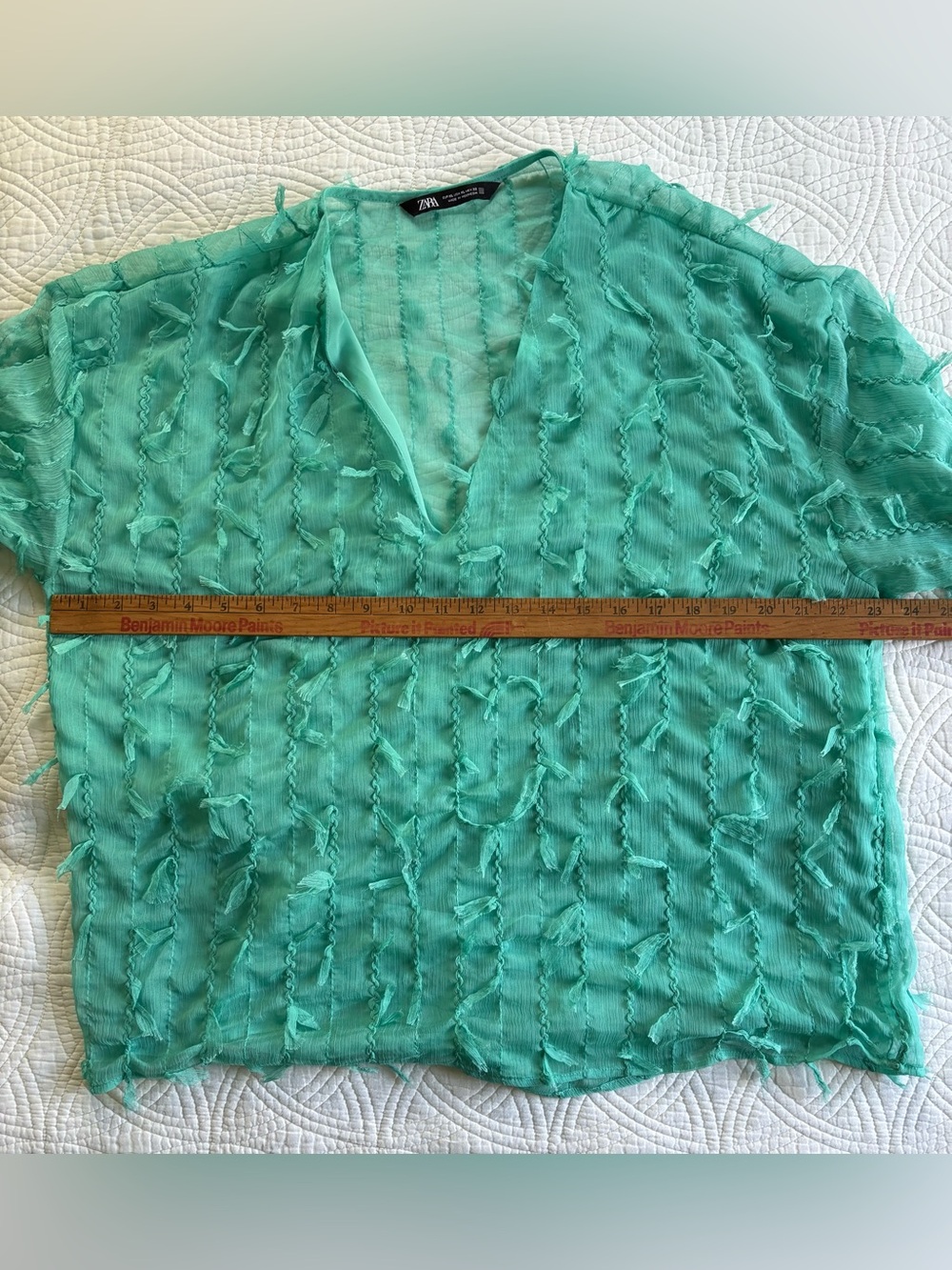 Zara XL Mint Teal V-Neck Textured Long-Sleeve Blouse - Picture 3 of 8
